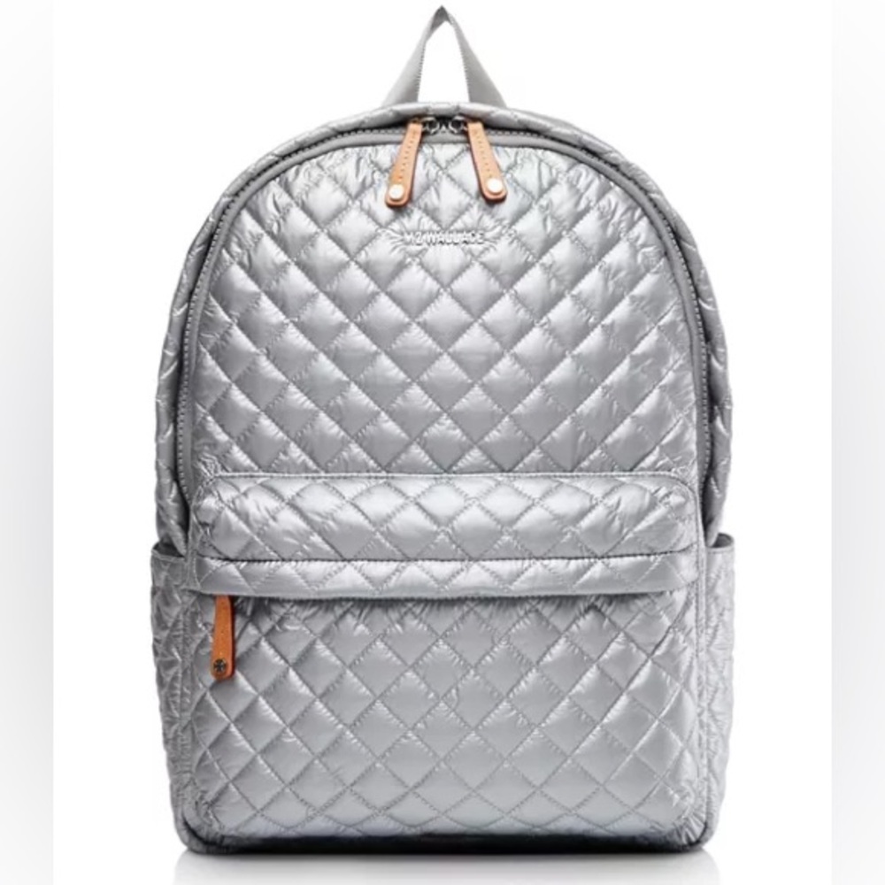 MZ Wallace Silver Quilted Nylon Backpack with Tan Leather Accents